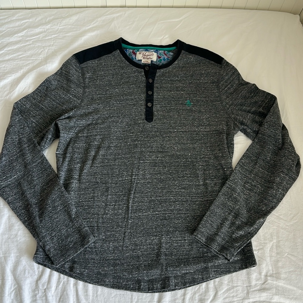 Original Penguin Cotton Long Sleeve 3-Button Henley Shirt L Gray Heather